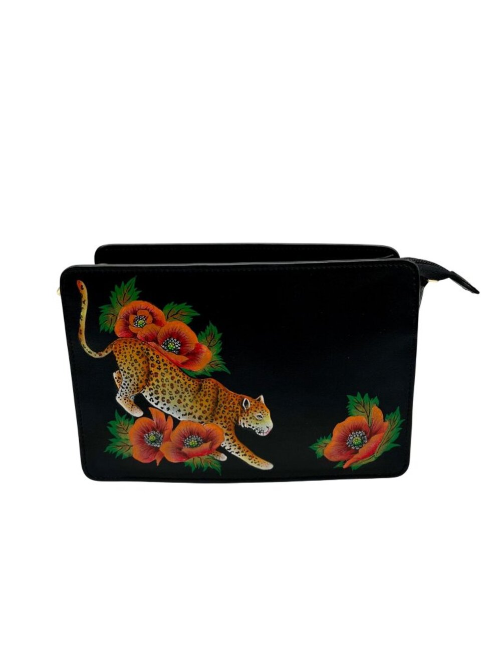 Anuschka Hand-Painted Leather Black Floral and Cheetah Design Crossbody